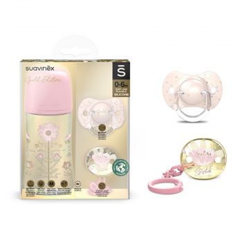 SET Gold Nascita Rosa | Set Biberon + succhietto + catenella con clip | SUAVINEX