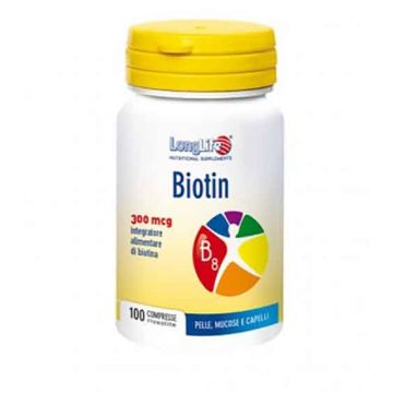 BIOTIN 300 mcg 100 Compresse | Integratore per Pelle, Capelli e Mucose | LONGLIFE