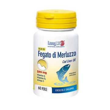 OLIO DI FEGATO DI MERLUZZO 500 mg 60 PERLE | Fonte naturale di Vitamina A e &Omega;3| LONGLIFE